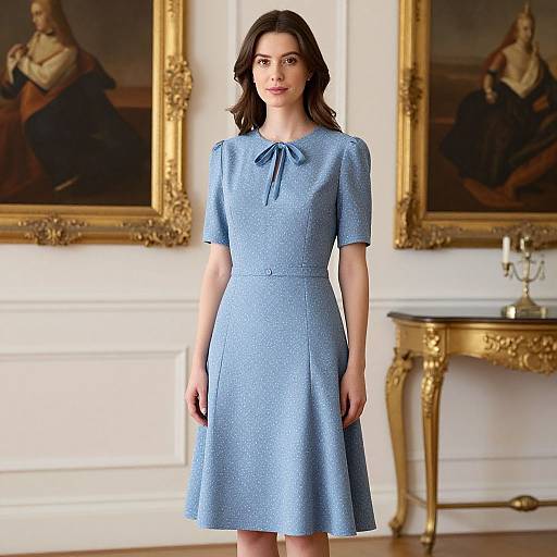 Photograph of a fair-skinned woman with dark brown hair in a short-sleeved, blue, A-line dress with a bow neckline, standing