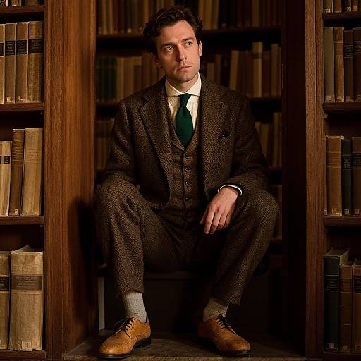 Photograph of a Caucasian man with dark hair, in a brown tweed suit, green tie, and brown shoes, sitting between bookshelves in