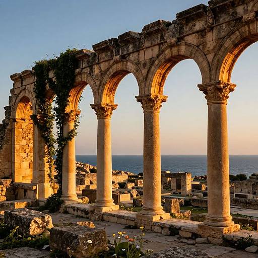 Photograph of ancient Roman ruins with sunlit, weathered stone arches, vines climbing, overlooking a serene ocean at sunset.
