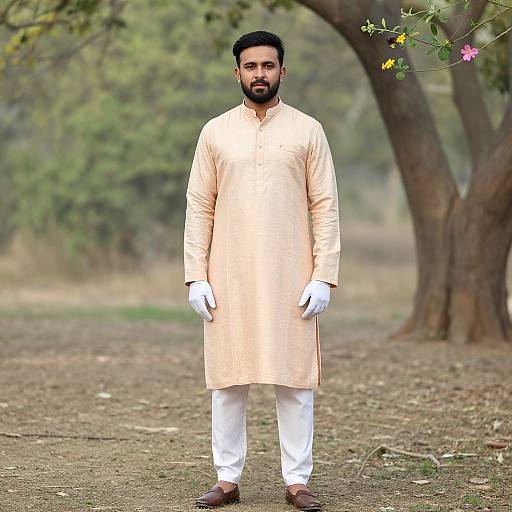 Photograph of a bearded man with dark hair, wearing an orange kurta, white pants, and brown shoes, standing outdoors in a wooded area