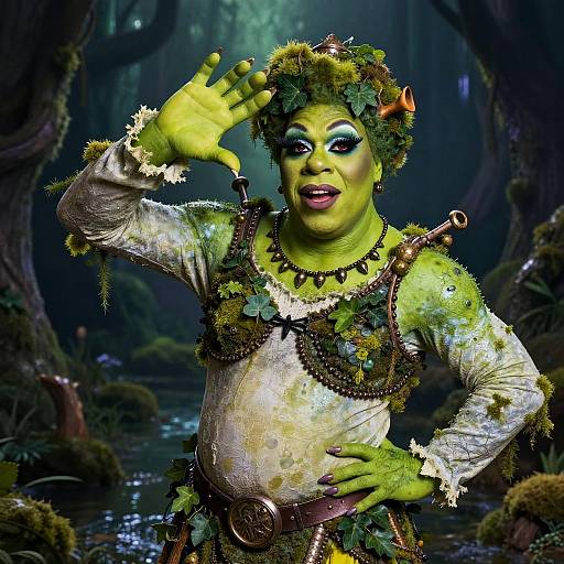 Photograph of a green-skinned woman with mossy hair, wearing a leafy dress and jewelry, saluting in a mystical forest. Vibrant