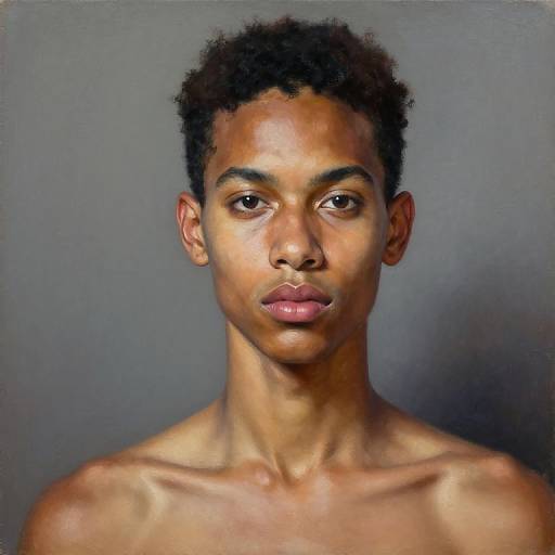 Photograph of a young, shirtless Black man with curly hair, medium brown skin, and serious expression against a plain gray background.