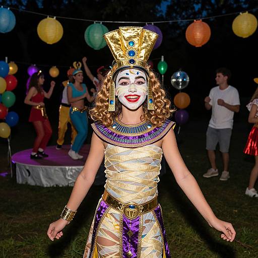 Photograph of a woman in an elaborate Egyptian-themed costume with gold and purple attire, white face paint, and a gold headdress, standing in a