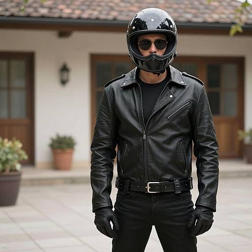 Photograph of a man in black leather jacket, pants, gloves, and helmet with dark sunglasses, standing in front of a house with tiled roof and