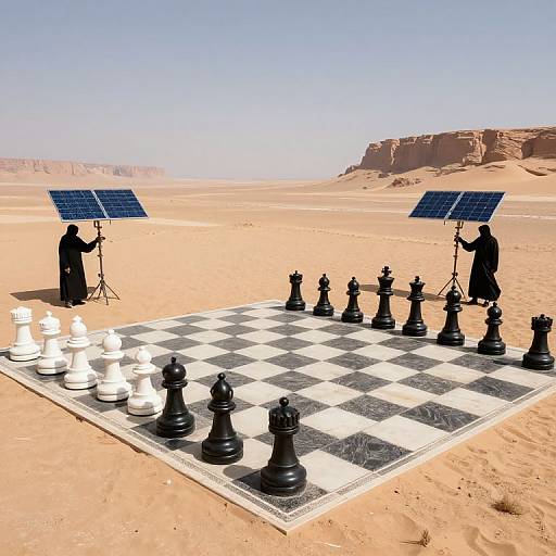 Surreal Desert Chessboard with Cloaked Figures