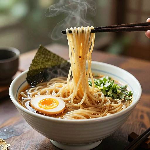 Photograph of steaming ramen noodles being lifted with chopsticks from a bowl, topped with seaweed, green onions, and a soft-boiled egg