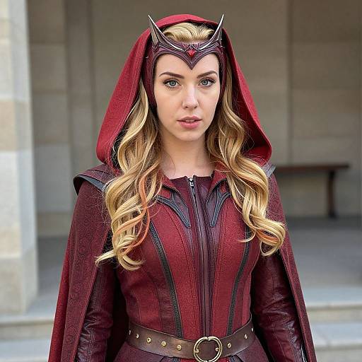 Photorealistic digital artwork of a blonde woman in a red hooded, corseted superhero costume with a headpiece, standing outdoors.