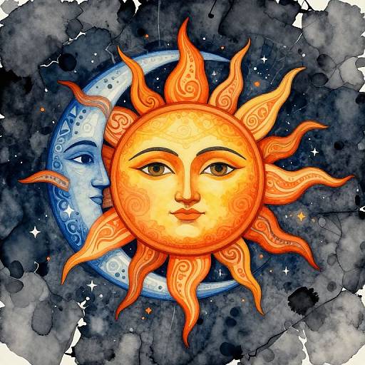 Ethnic Sun and Moon Watercolor