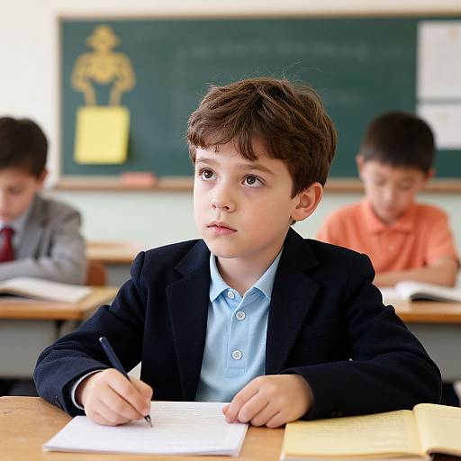 Photograph of a young boy with brown hair, wearing a black blazer and light blue shirt, writing in a classroom with two other boys in the