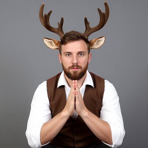 Photorealistic digital artwork of a bearded man with deer antlers, hands clasped in prayer, wearing a white shirt and brown vest, against