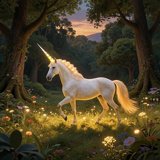 Photorealistic digital painting of a glowing white unicorn with a golden horn, standing in a magical forest of glowing flowers and trees at sunset.