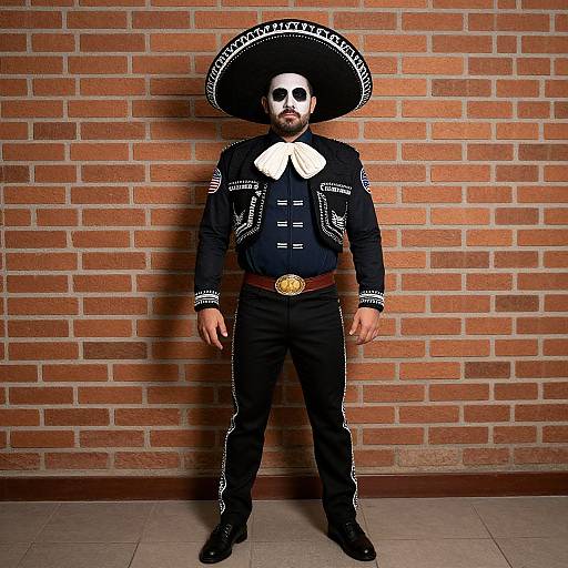 Photograph of a man in a traditional Mexican Day of the Dead costume, black charro suit, wide-brimmed hat, white face paint,