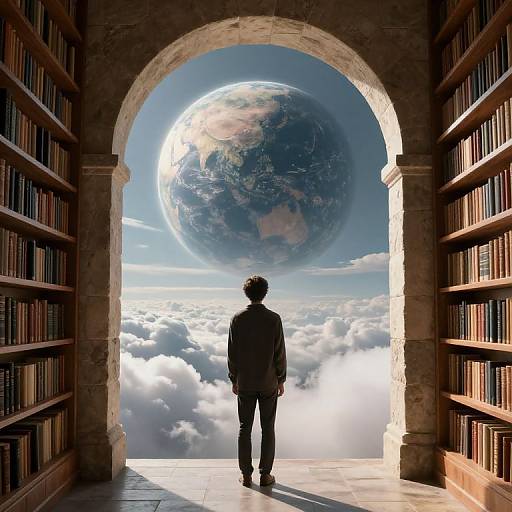 Silhouetted man in suit stands in arched library doorway, gazing at enormous, celestial Earth through cloudy sky. Photorealistic digital art