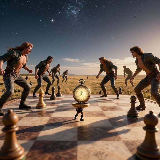 Photograph: Six muscular, shirtless men with wild hair, in rugged clothing, chase each other around a chessboard under a starry night sky