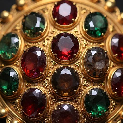 Close-up photograph of an ornate gold brooch adorned with twelve oval-cut gemstones in varying shades of red and green.