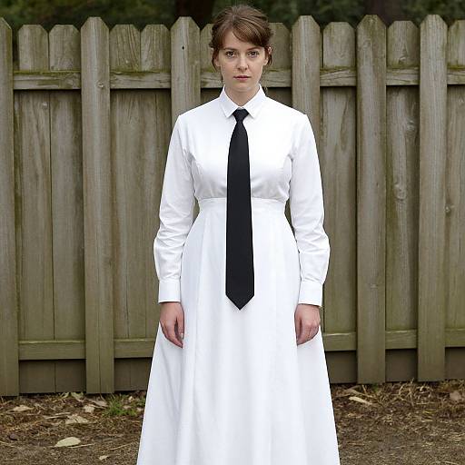 Photograph of a woman with short brown hair, wearing a long-sleeve white dress and black tie, standing in front of a wooden fence.