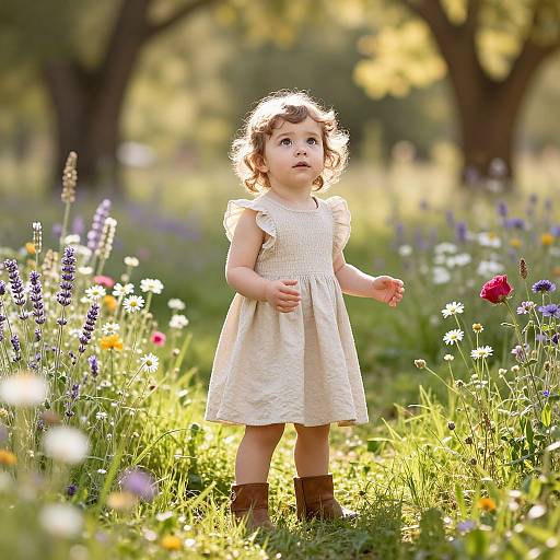 Photograph of a curly-haired toddler in a cream dress, standing in a sunlit meadow of colorful wildflowers, looking up.
