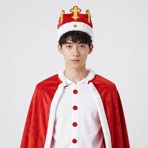 Young Asian man in a red and white Christmas king costume with a crown, standing against a white background.