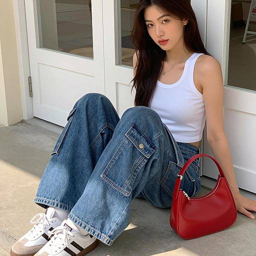 Young Woman in Casual Streetwear Sitting Outdoors