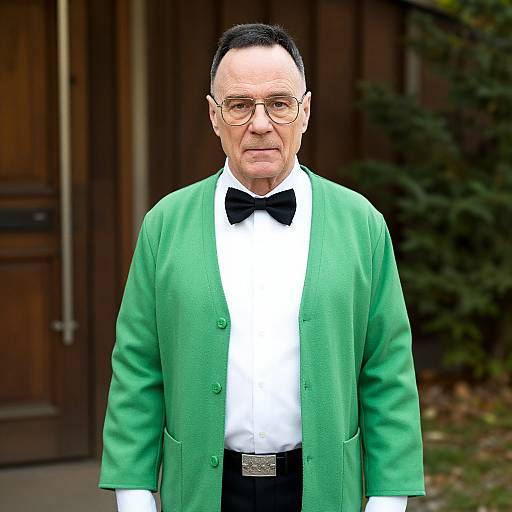 Photograph of an older man with glasses, short black hair, wearing a green cardigan, black bow tie, white shirt, standing in front of