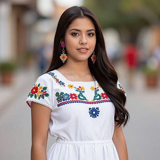Photograph of a young woman with long black hair, wearing a white dress with colorful embroidery, and vibrant floral earrings, standing on a blurred urban street