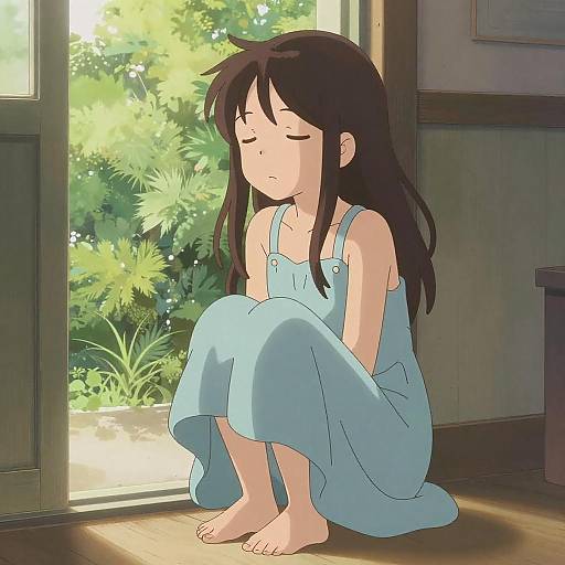 Serene Girl in Blue Sundress Illustration