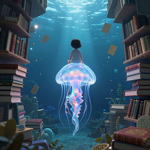 Digital art of a girl with curly hair, glowing blue jellyfish, surrounded by floating books in an underwater library.