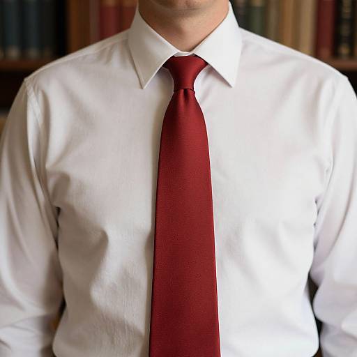 Photograph of a man's upper body in a white dress shirt with a solid red tie, set against a blurred bookshelf background.