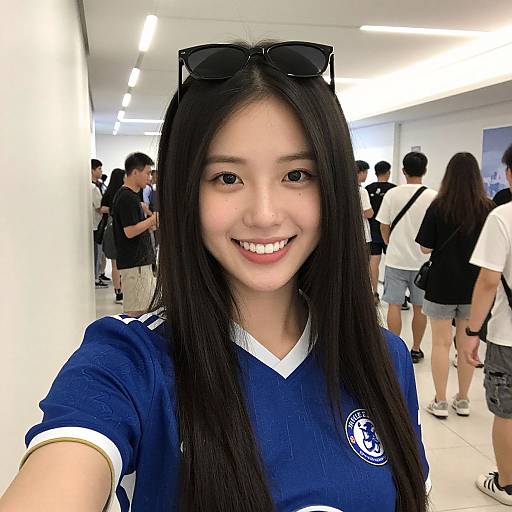 Photograph of an Asian woman with long black hair, smiling, wearing a blue soccer jersey, standing in a brightly lit indoor space with other people in