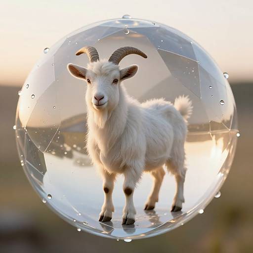 Photograph of a small, white goat with curved horns standing inside a clear, bubble-like sphere with water droplets, set against a blurred, sun