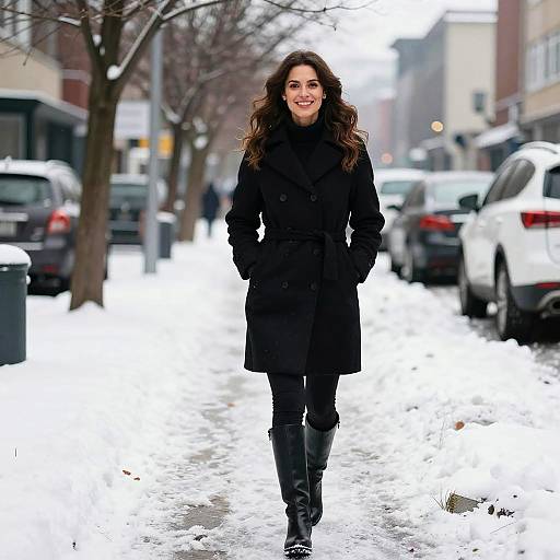 Photograph of a smiling woman with long brown hair, wearing a black coat, black pants, and boots, walking on a snowy urban street. Cars