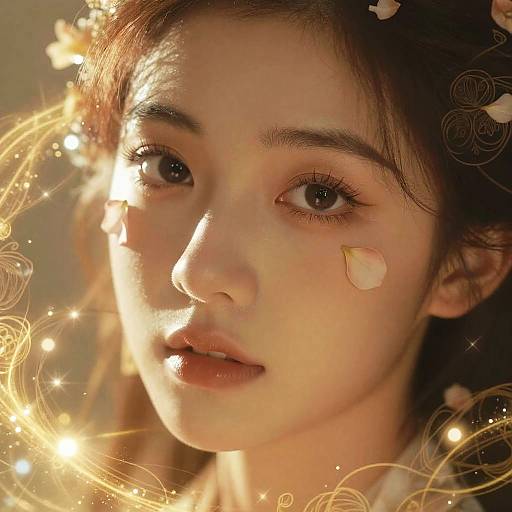 Close-up photograph of a young Asian woman with fair skin, dark hair, and sparkling golden light effects around her face. A small band-aid is