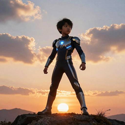 Photograph of a young Asian boy in a futuristic, glowing blue armored suit standing confidently on a rock at sunset, with colorful clouds in the background.