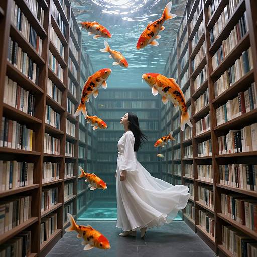 Photograph-like digital art: A woman in a flowing white dress stands in a narrow book-filled library aisle, surrounded by floating orange koi fish,