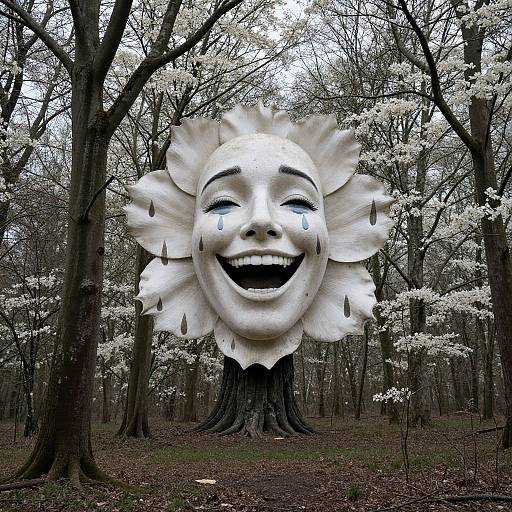 Photograph of a large, white, smiling sun face sculpture with teardrops, set in a dense, leafless forest with budding white flowers.