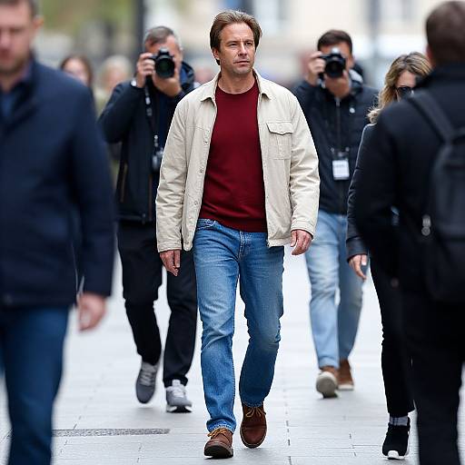Man Walking on Street with Crowd