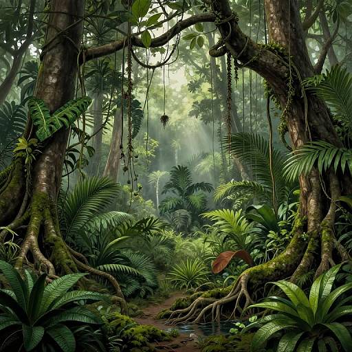 Photorealistic digital artwork of a dense, lush jungle with towering trees, moss-covered roots, hanging vines, and vibrant green ferns, illuminated by