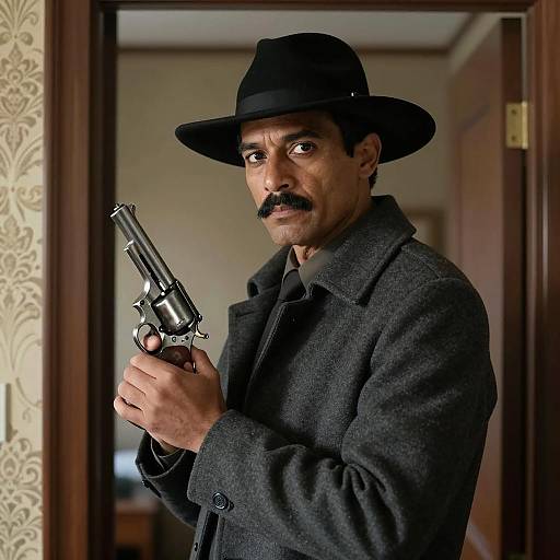 Man in Black Hat Holding Revolver