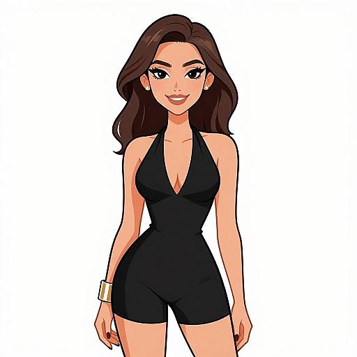 Digital anime-style drawing of a smiling woman with long brown hair, wearing a black halter mini-dress and gold bracelet, against a white background.
