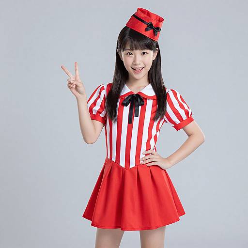 Photograph of an Asian woman with long black hair, wearing a red and white striped shirt, red skirt, and matching hat, flashing a peace sign