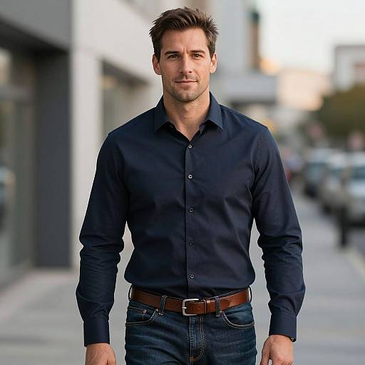 Photograph of a handsome, tall, fit white man with short brown hair, wearing a navy button-up shirt and dark jeans, standing confidently on a