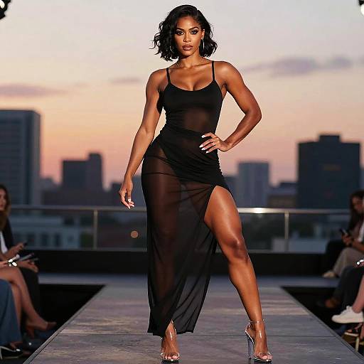 Photograph of a confident, muscular Black woman in a sheer black dress with a thigh-high slit, striding down a rooftop runway at sunset.