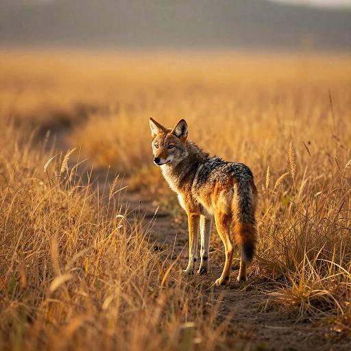 Photograph of a lone, alert coyote with golden-brown fur standing in a sunlit, dry grassy field, with a blurred mountain background