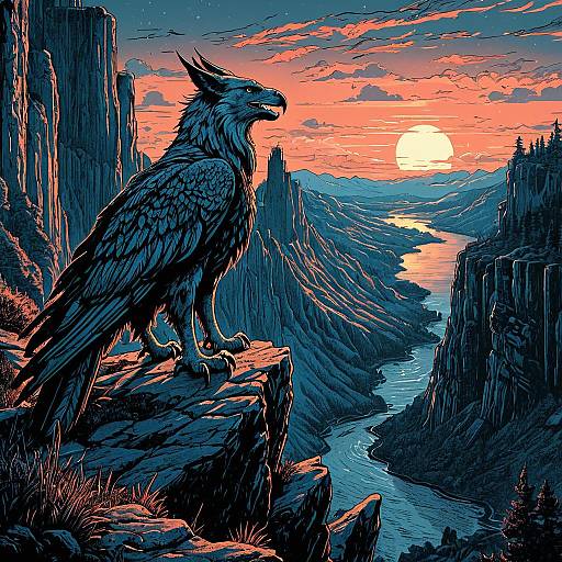 Griffin Perched on Cliff at Dusk