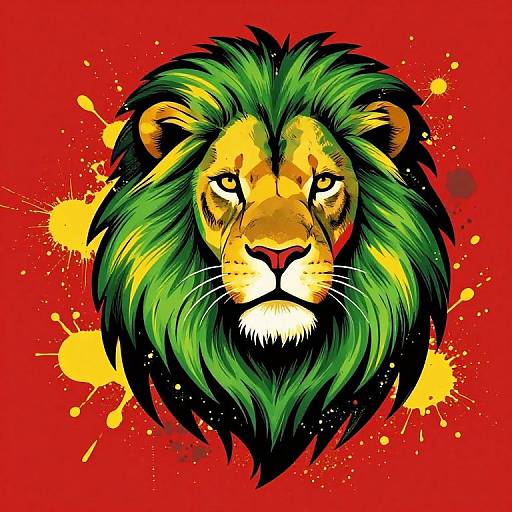 Vibrant digital drawing of a lion's head with a green-black mane, yellow eyes, and splashes of yellow on a bold red background.