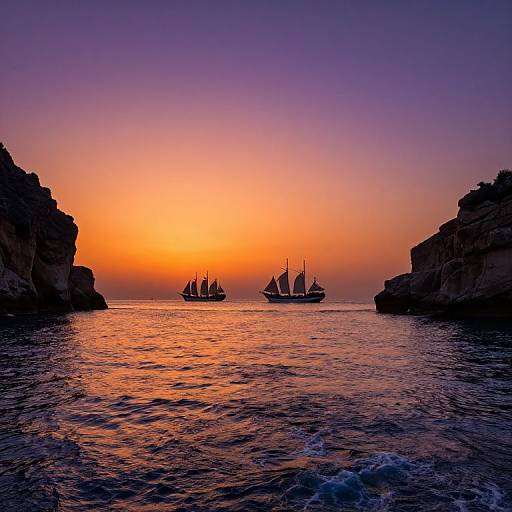 Photograph of a stunning sunset over a calm ocean, with two silhouetted sailboats between dark, rocky cliffs, casting vibrant orange and purple