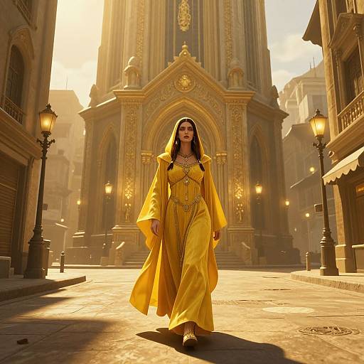 Photograph-style CGI of a confident woman in a golden, ornate dress, walking down a sunlit, medieval street with a grand cathedral in the