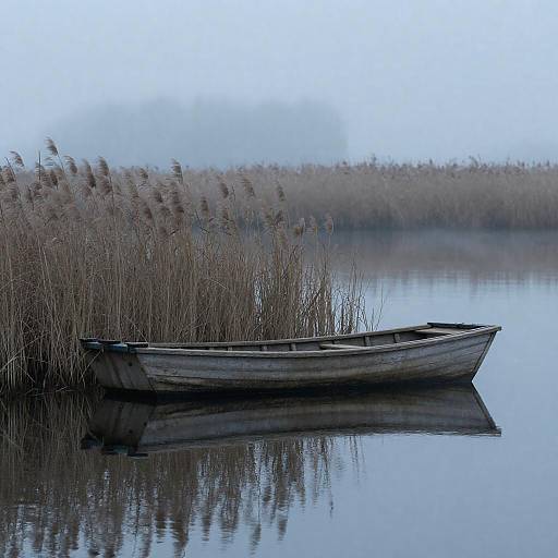 Misty Rowboat Beside Tall Brown Reeds
