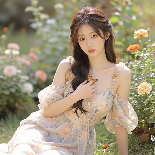 Photograph of an Asian woman with long black hair, wearing a floral off-shoulder dress, holding a butterfly, seated in a sunny garden with
