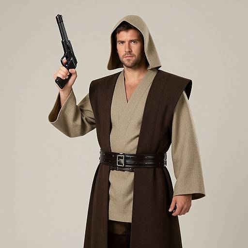 Photograph of a handsome, bearded man in a beige and brown Jedi robe holding a black handgun, white background, serious expression.